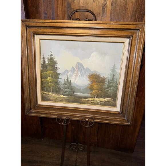 Vintage Oil Painting Mountain Landscape TreesSigned King Frame 28" x 24" MCM